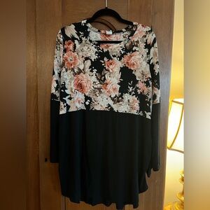 Floral Print Long Sleeve Tunic - Black with Coral and Cream flowers